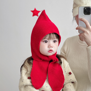 红色新年宝宝帽子围巾一体帽秋冬季男女童针织帽保暖帽儿童护耳帽