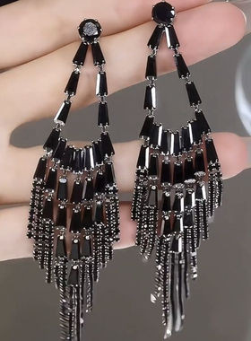 显脸瘦s925银针轻奢黑色锆石长款流苏耳环气质高级感爆闪重工耳饰