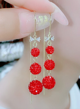 高级感耳线蝴蝶结红色钻球耳环2021年新款潮韩国气质网红流苏耳饰