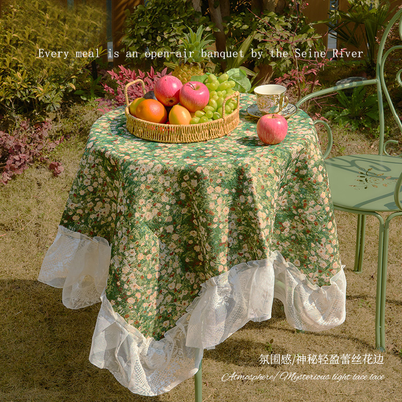 桌布法式田园绿色餐桌布油画高级感ins风长方形茶几装饰布置盖布图片