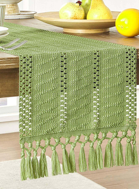 绿色森系桌旗高级感棉麻餐桌长条桌布斗柜电视柜盖巾简约鞋柜盖巾