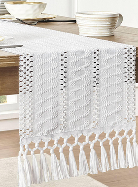 奶油风白色桌旗手工打结镂空长条桌布餐桌鞋柜装饰斗柜电视柜盖布