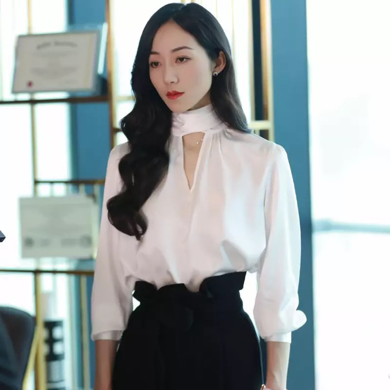 飘带立领衬衫阔腿裤明星同款港味