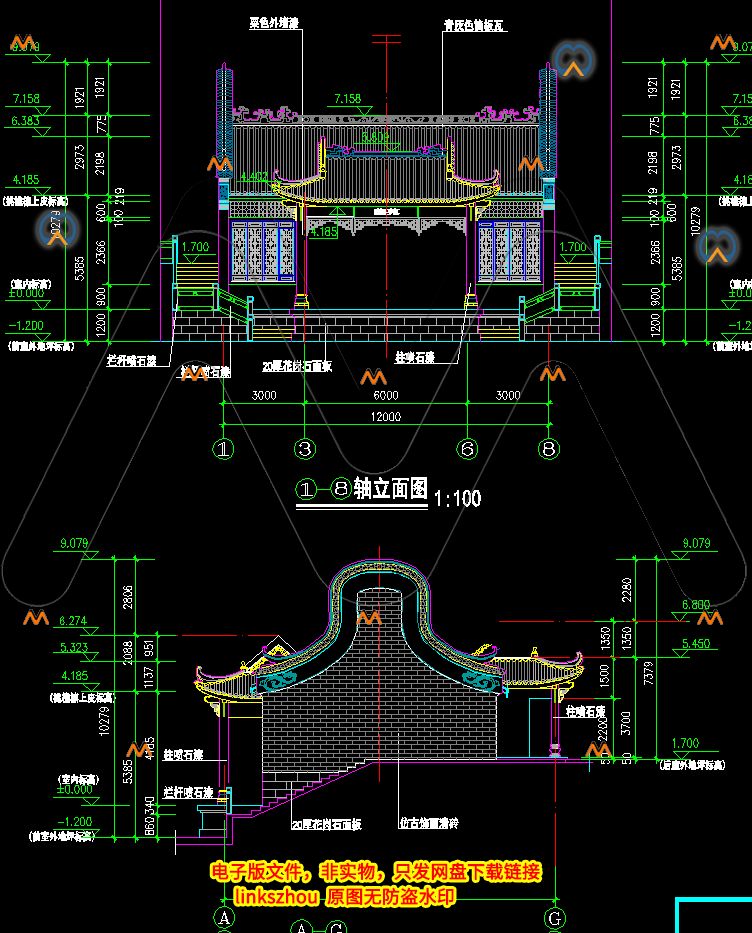 南方古建筑古戏台岭南风格古建筑戏台连体古建筑设计方案CAD图纸