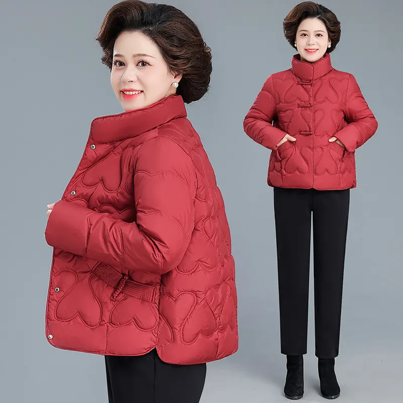 妈妈装加厚立领盘扣酒红棉服