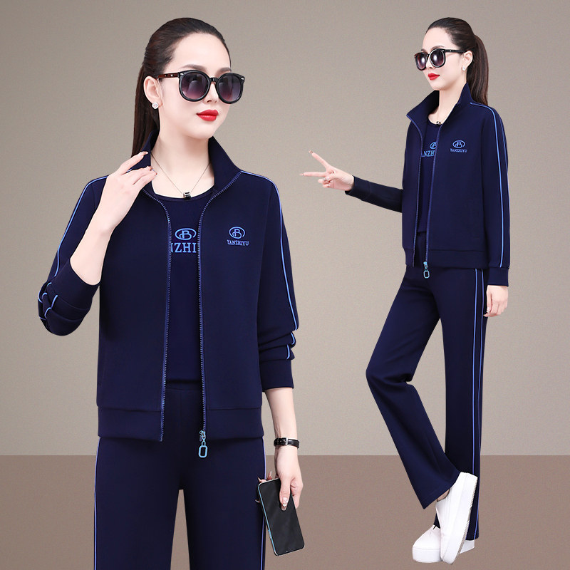 运动装套装女春秋2026新款宽松时尚洋气妈妈户外跑步休闲服三件套