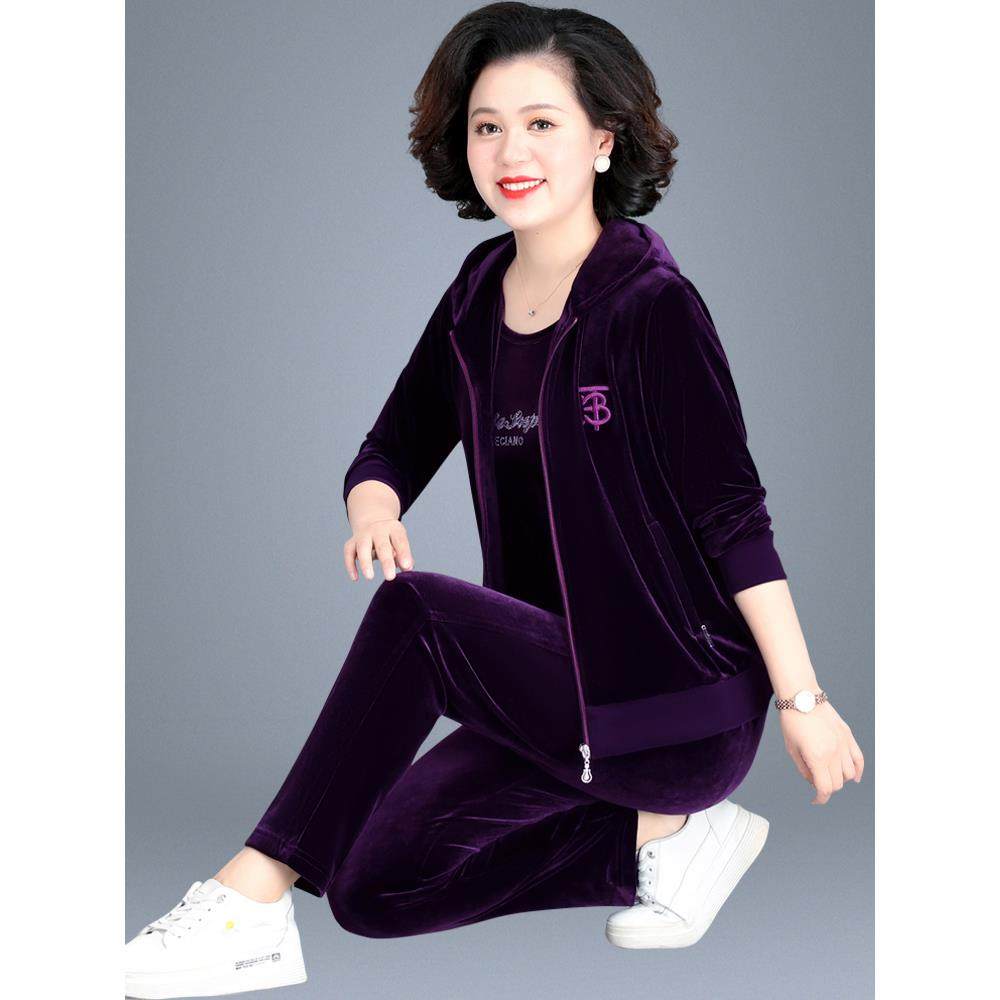 春季中老年女装金丝绒套装女连帽外套中年人妈妈洋气春秋装三件套