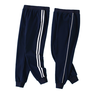 中小学生秋冬款加绒加厚校服裤男女童春秋款藏青色白条纹班裤校裤