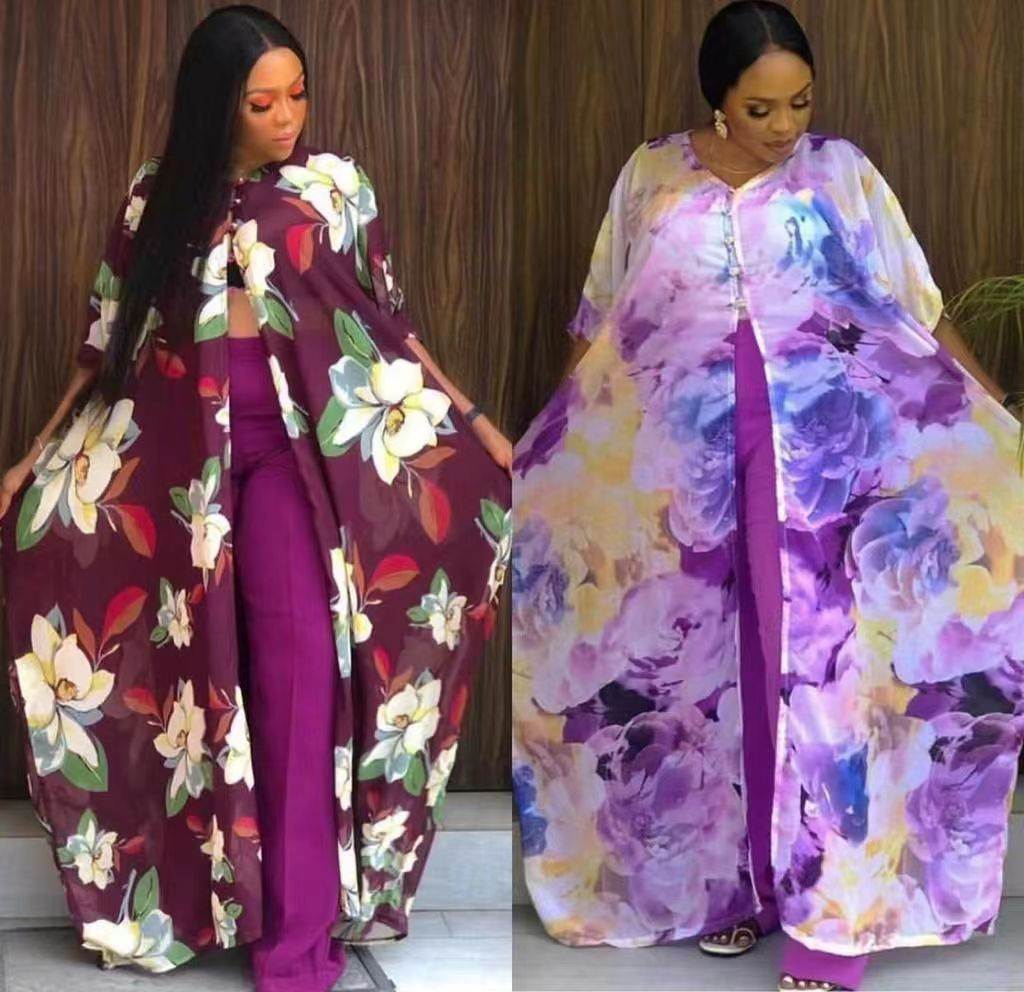 2022欧美防晒雪纺印花长袍两件套 African Women Two Pieces Set