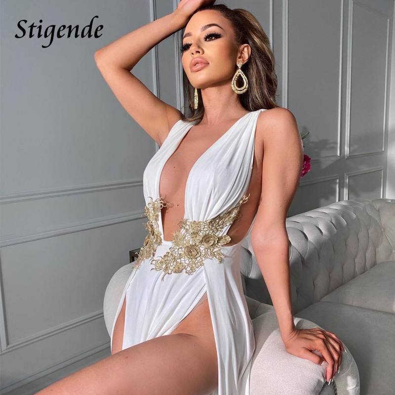 Floral Appliques Night Club Dress Women High Split Wedding