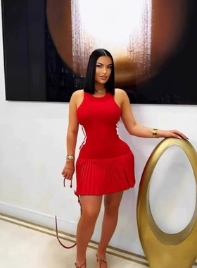 2026 women clothesL0415    欧美夏季 修身螺纹休闲无袖款百褶裙