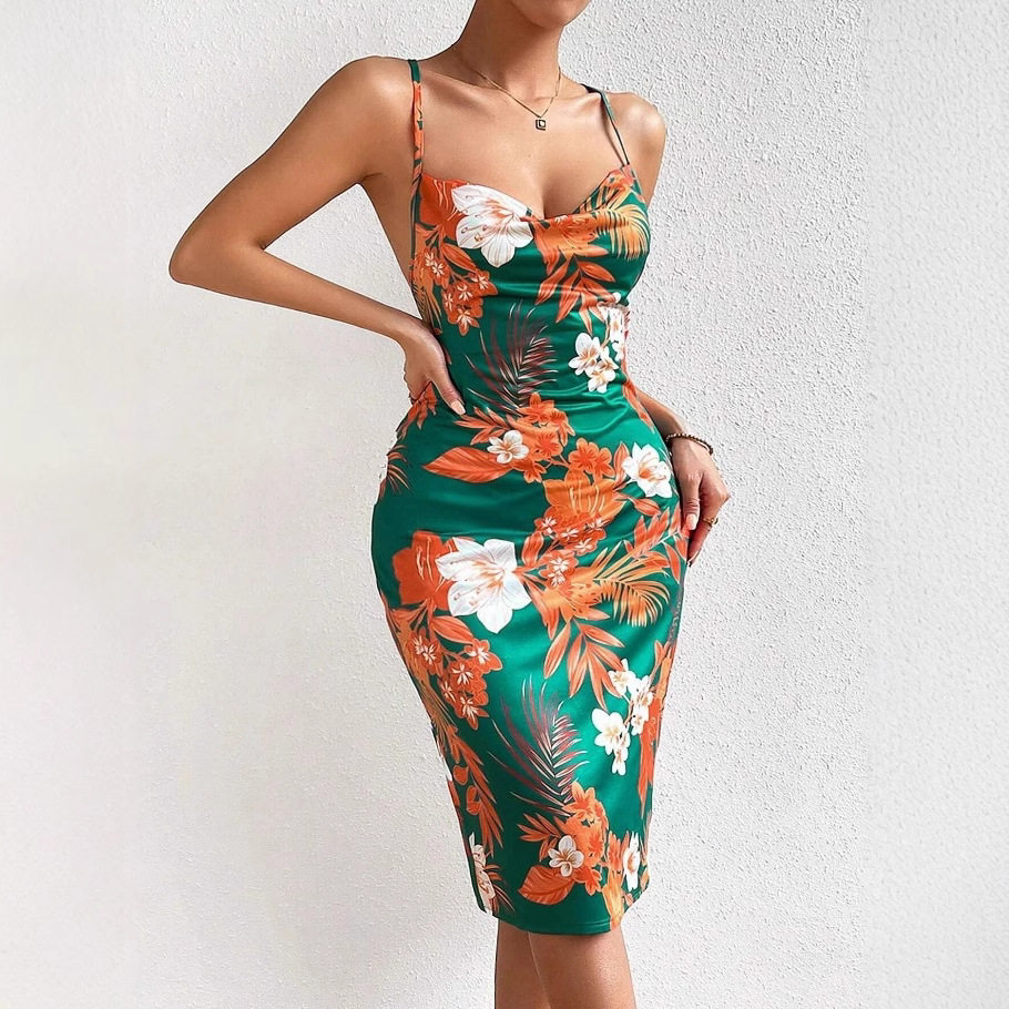 2026 women clothes跨境外贸欧美女装夏季性感侧开衩印花吊带连衣