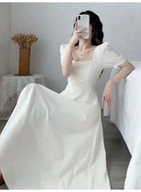 2026 women clothes泡泡袖方领白色赫本轻熟风连衣裙女白裙子收腰