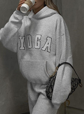 2026 women clothes欧美新款跨境休闲灰色绣花YOGA字母印花宽松连