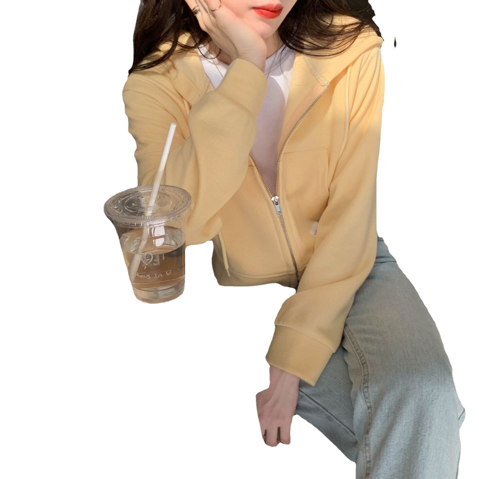 2026 women clothes薄款卫衣女短款拉链小众设计感春夏短款粉色上