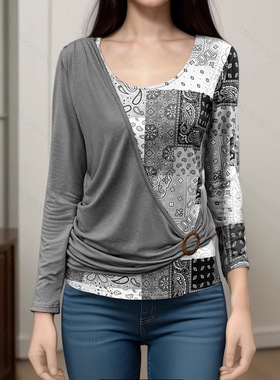 2026 women clothes欧美秋季印花纯色拼接休闲长袖针织T恤