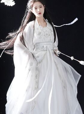 银月飞霜高档原创魏晋风刺绣侠客古装帅气白色汉服仙女侠女汉服
