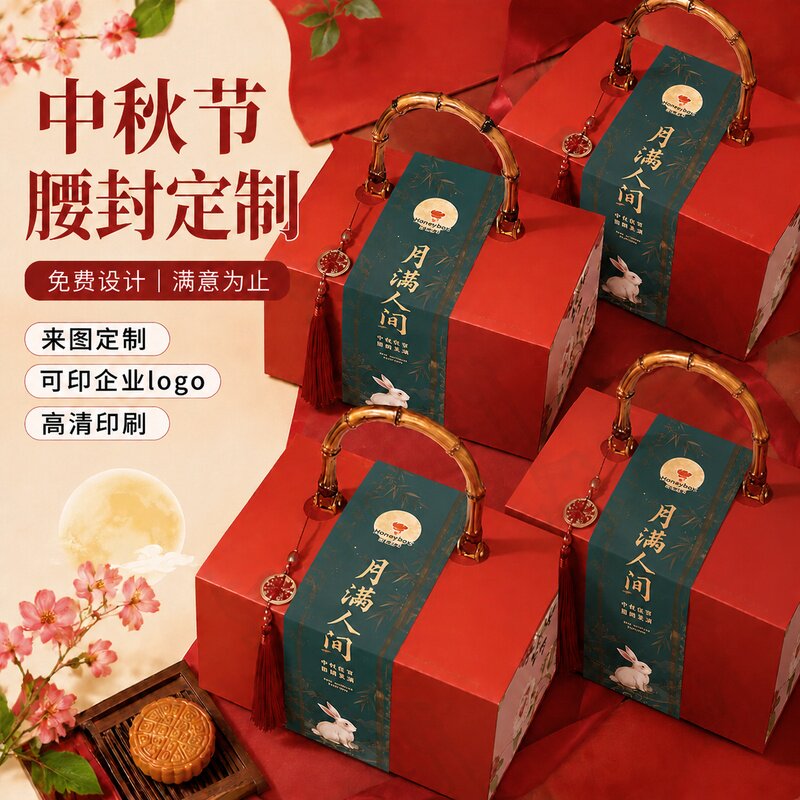 2026中秋礼盒腰封定制高档月饼伴手礼包装饰烫金商标logo封条设计