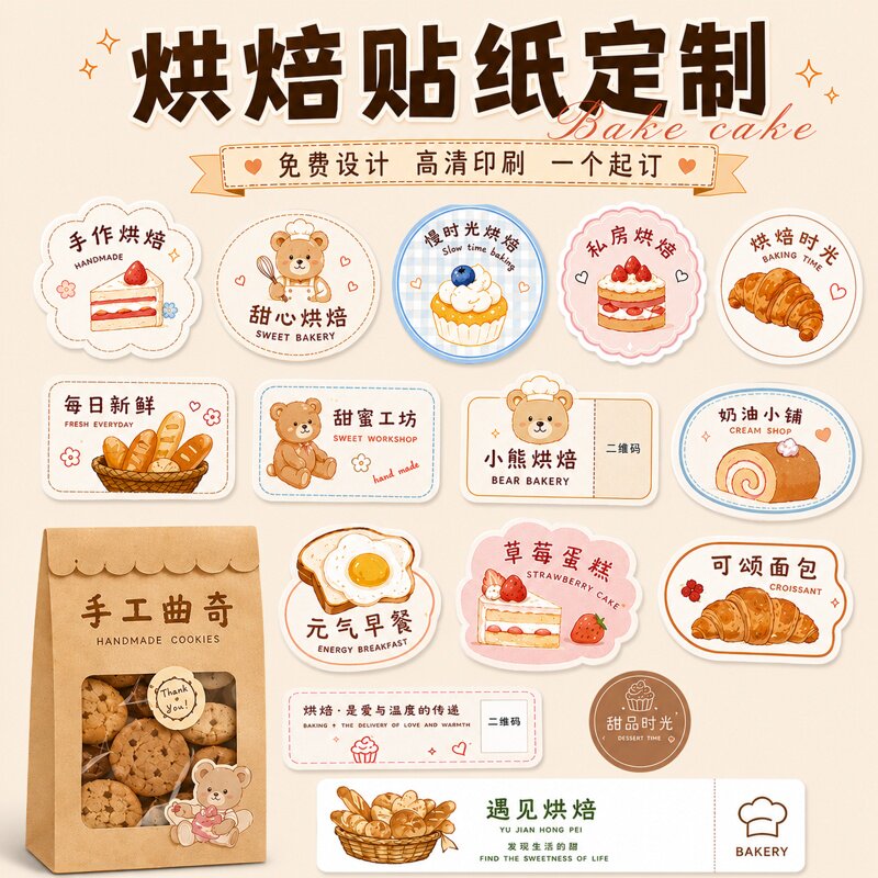 烘焙贴纸定制私房手作甜品店异形Logo二维码不干胶外卖封口贴设计