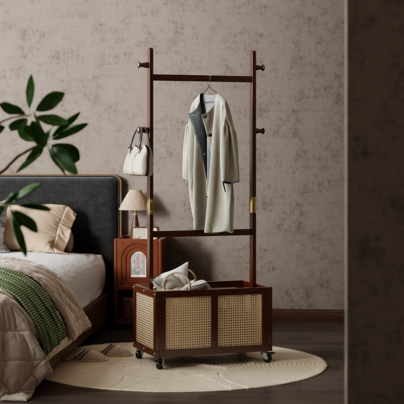 实木衣帽架家用落地挂衣架卧室床尾晚上放衣服神器中古风收纳层架