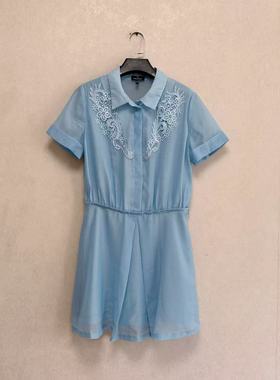 出口法国大牌DANIEL H*CHTER女天蓝色绣花短袖衬衣款气质OL连衣裙