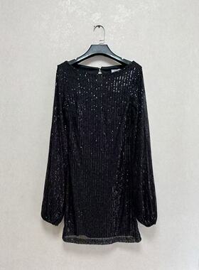 出口欧洲NELLY女黑色亮片网纱性感灯笼袖长袖套头修身连衣裙短裙