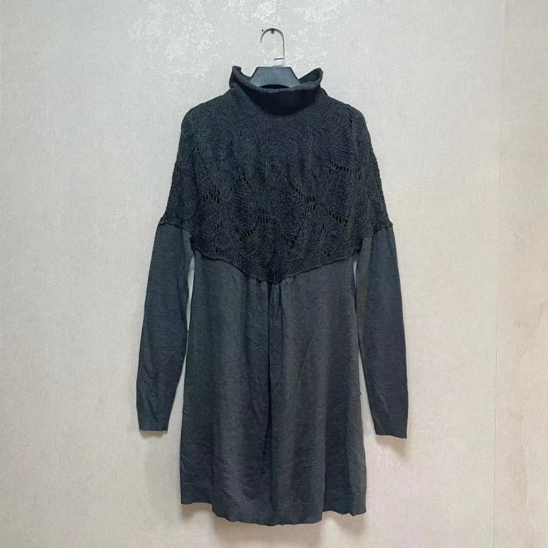 外贸出口单女秋冬钩花镂空含羊毛高领长袖套头针织连衣裙