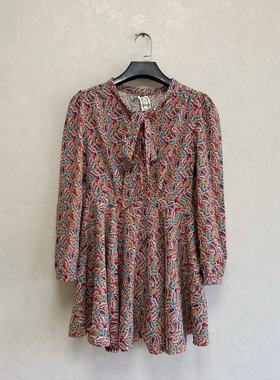 外贸出口韩国女红色印花高腰大摆领口系带连衣裙泡泡袖短裙小码