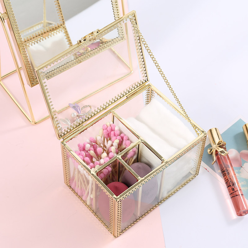 妍值ins北欧多功能口红收纳盒带盖化妆棉签收纳盒彩妆纸巾盒金色