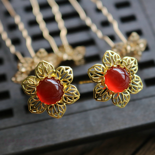 保色纯铜镂空小细花发簪小U发钗五瓣团花小钗diy古风发饰明制配件