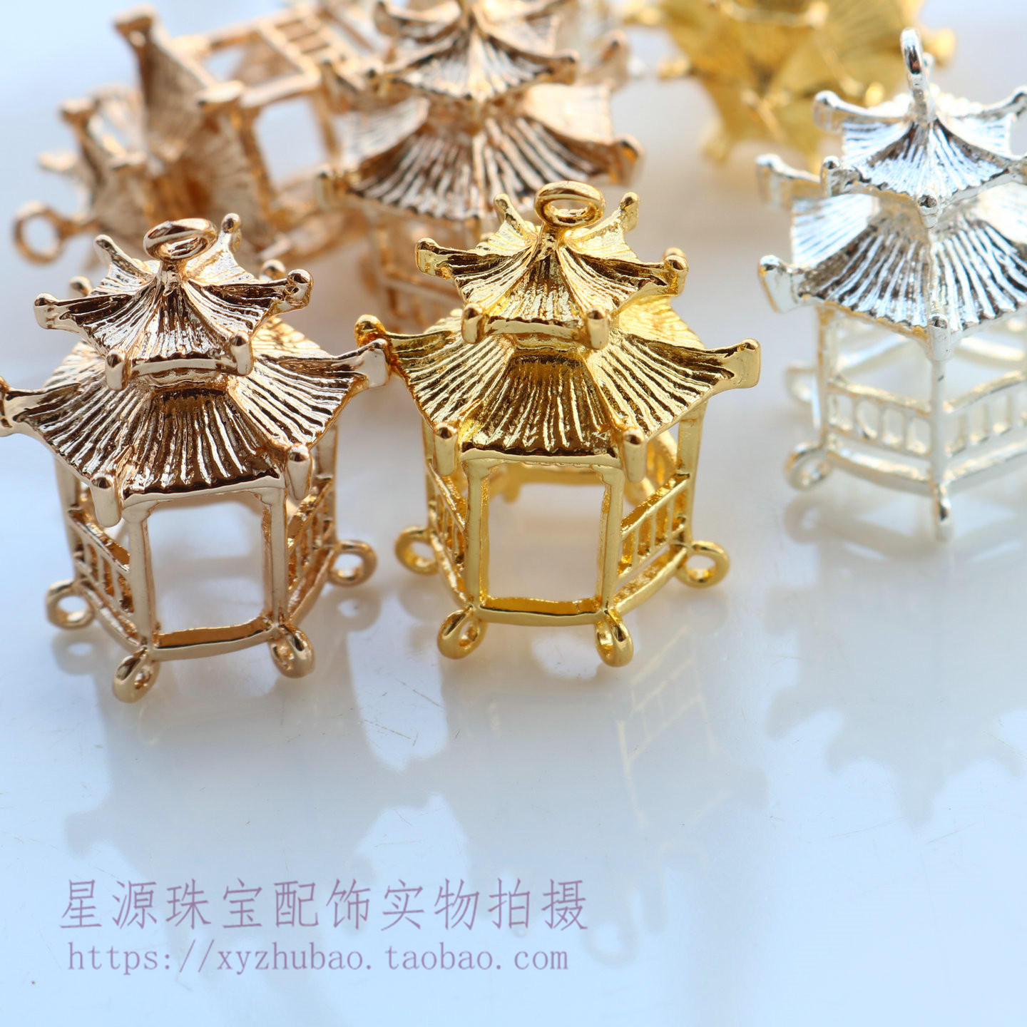 铸铜六角凉亭 保色纯铜立体双层凉阁楼手工步摇发簪子材料diy配件