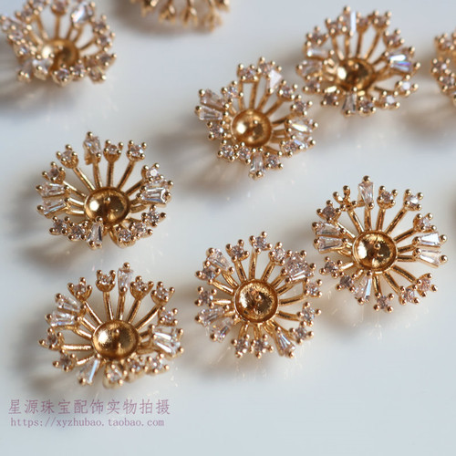 15mm挂镀满钻保色铜珠托多枝花蕊带针铜花托 古风发簪材料diy配件
