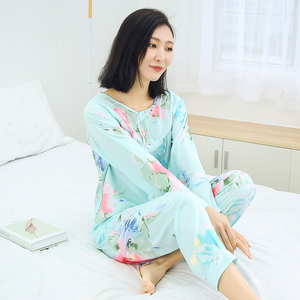 夏季绵绸睡衣女士休闲薄款套装长袖长裤妈妈装月子服棉绸家居服