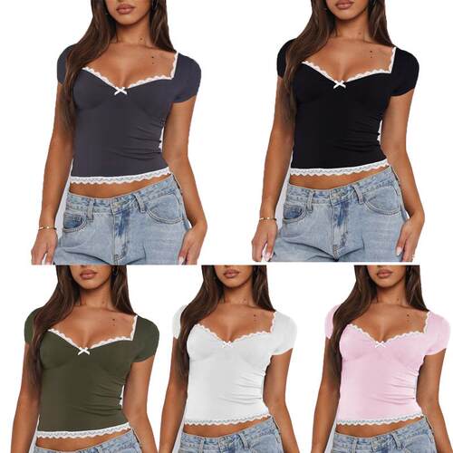 2024 Summer Top T-shirt Lace Hem Bow Spicy Girl
