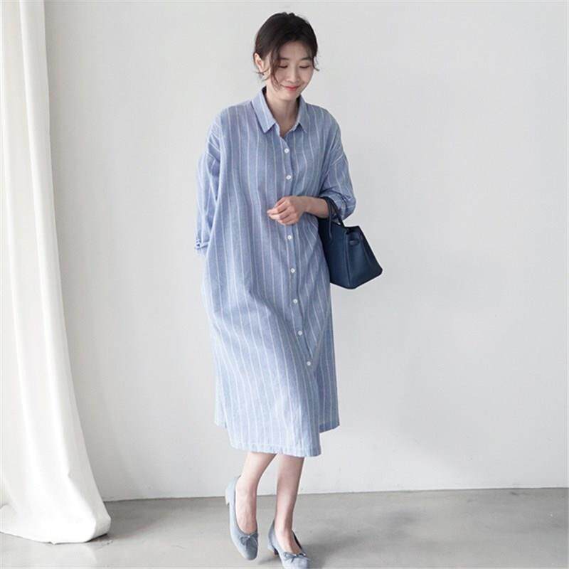2023春夏棉麻条纹衬衫连衣裙女时尚休闲过膝大码长袖bf翻领衬衫裙