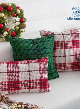 红色墨绿色格子抱枕套色织美式靠垫腰枕cushion cover Pillowcase