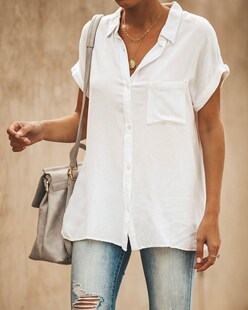 Cotton and hemp women's short sleeve shirt棉麻纯色女短袖衬衣