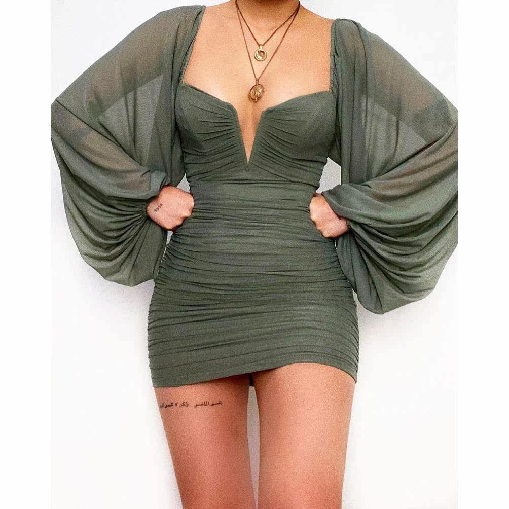 Women V-neck sexy dress 欧美纯色切口领雪纺连衣裙