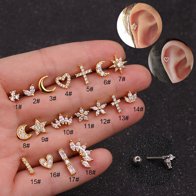 Labret Piercing Ear Ring Steel Stud Crystal Gem Flat Back