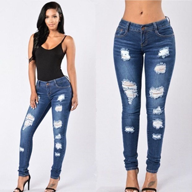 2018fashion women ripped jeans stretch pencil pants女裤牛仔