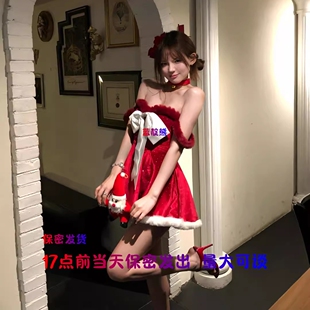 恶魔大人性感甜辣妹耶诞节新年战袍红色闪闪抹胸洋装 纯欲演出服