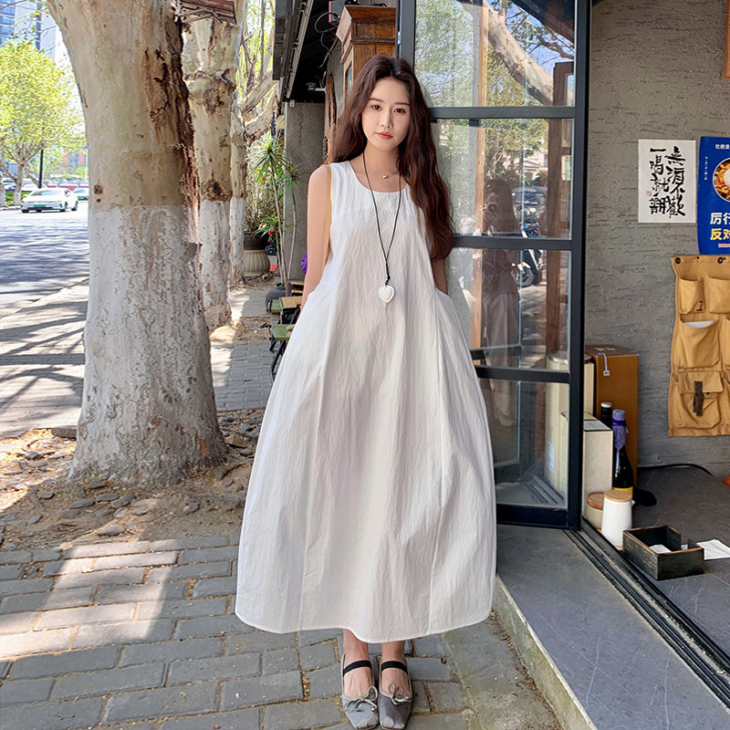 韩系简约气质白色无袖连衣裙女2025夏季新款休闲显瘦绝美背心长裙,女装连衣裙,2C136