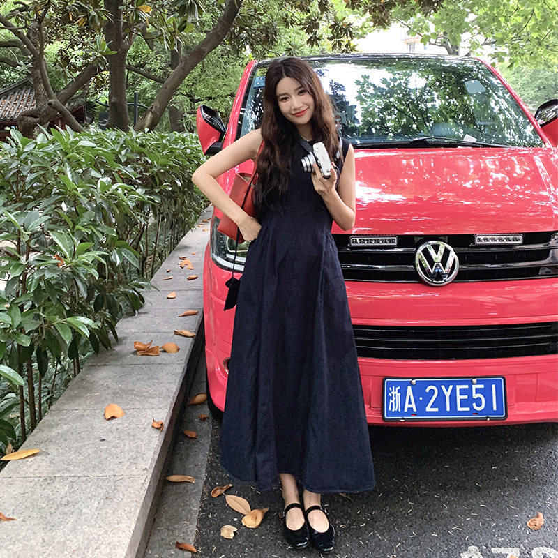 设计感系带圆领背心连衣裙女夏2025新款高腰显瘦气质时尚A字长裙,女装连衣裙,2C136