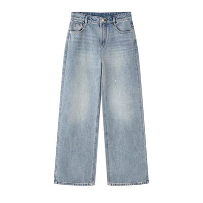 云艾诺丝高腰直筒阔腿牛仔裤女