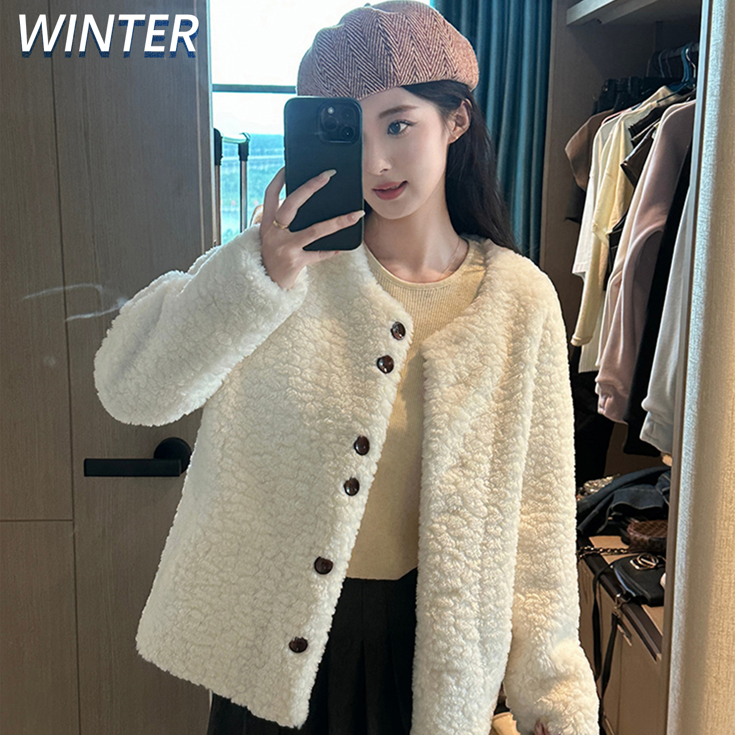 韩版羊剪绒皮毛一体皮草外套女2025冬新款仿羊羔毛圆领宽松小香风