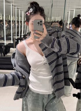 25秋冬新款韩版慵懒风条纹圆领针织开衫老钱高级感休闲毛衣外套女
