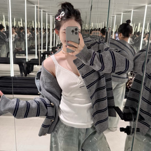 老钱高级感休闲毛衣外套女 慵懒风条纹圆领针织开衫 25秋冬新款 韩版