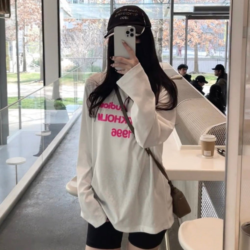 小众设计植绒印花字母印花宽松大版休闲显瘦长袖t恤女春夏防晒衫