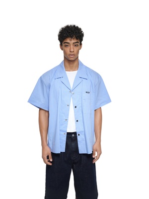 boxy不规则蓝色宽松衬衫古巴领