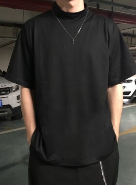 AaNn normcore长绒棉平纹半高领短袖T恤微落肩